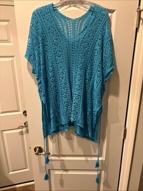 Turquoise Blue Crochet Poncho Cover-Up